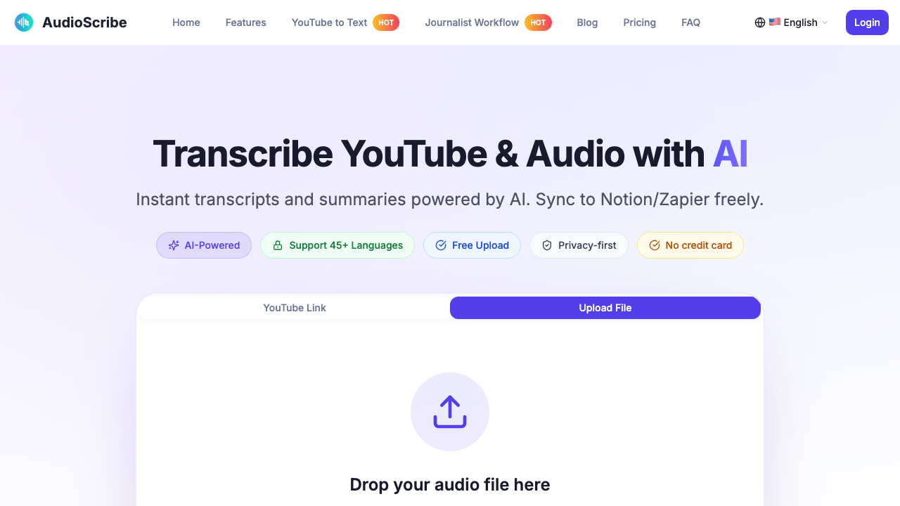 AudioScribe homepage screenshot