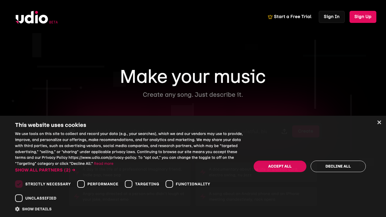 Udio homepage screenshot