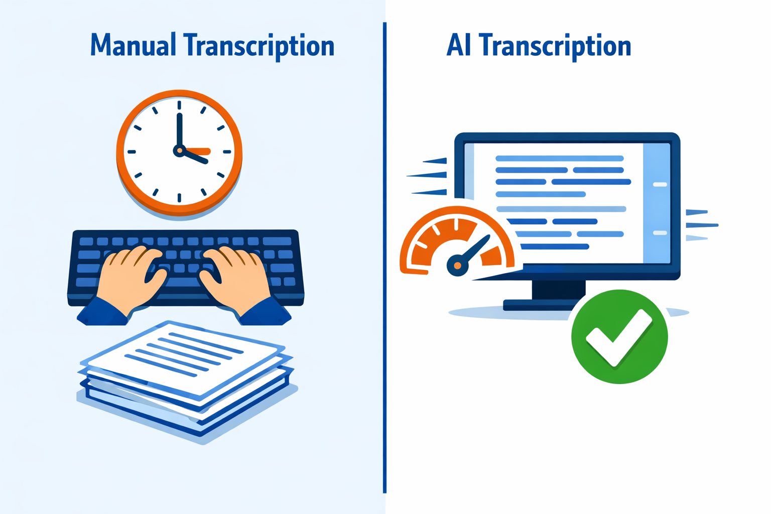 Side-by-side comparison of AI transcription speed vs manual transcription