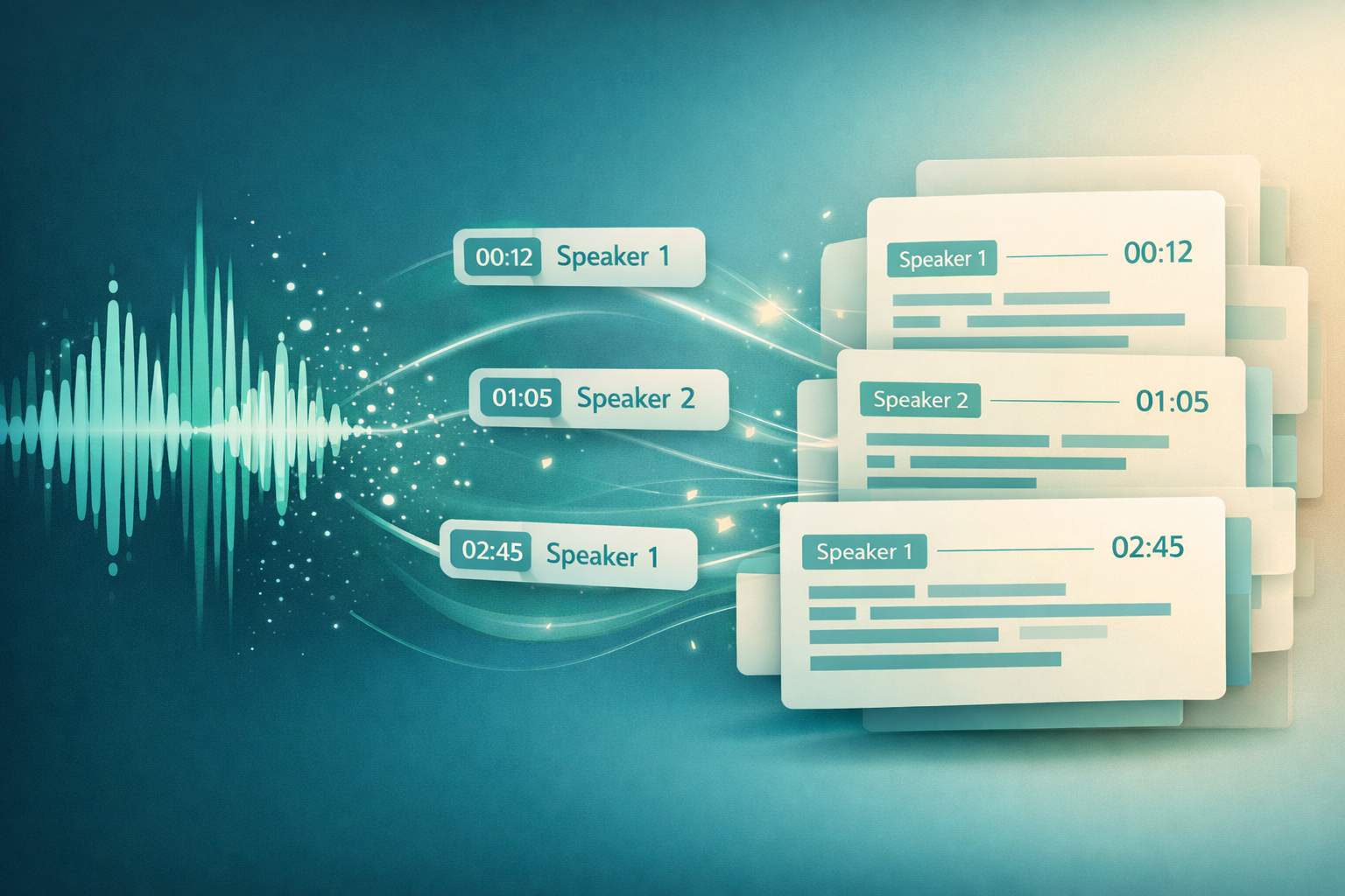 Audio waveform converting to written transcript text on a laptop screen