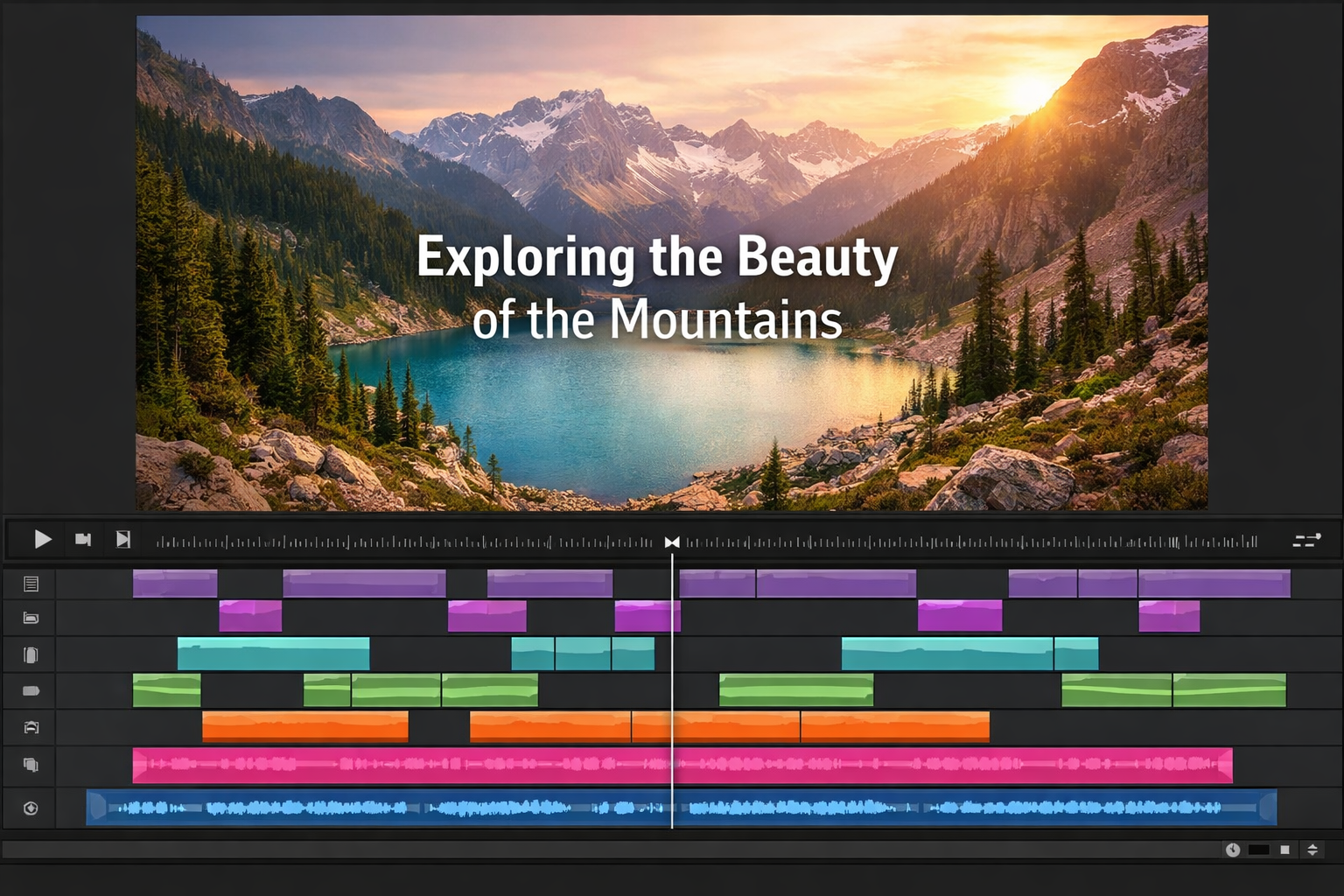 Video editing timeline with caption text overlaid on a video frame