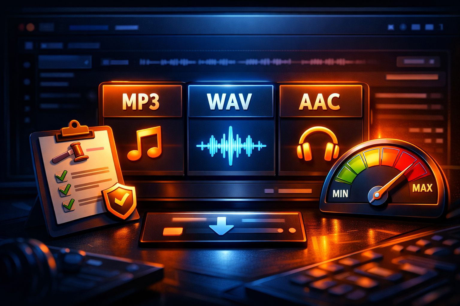 Illustration showing audio waveforms being extracted from a YouTube video player