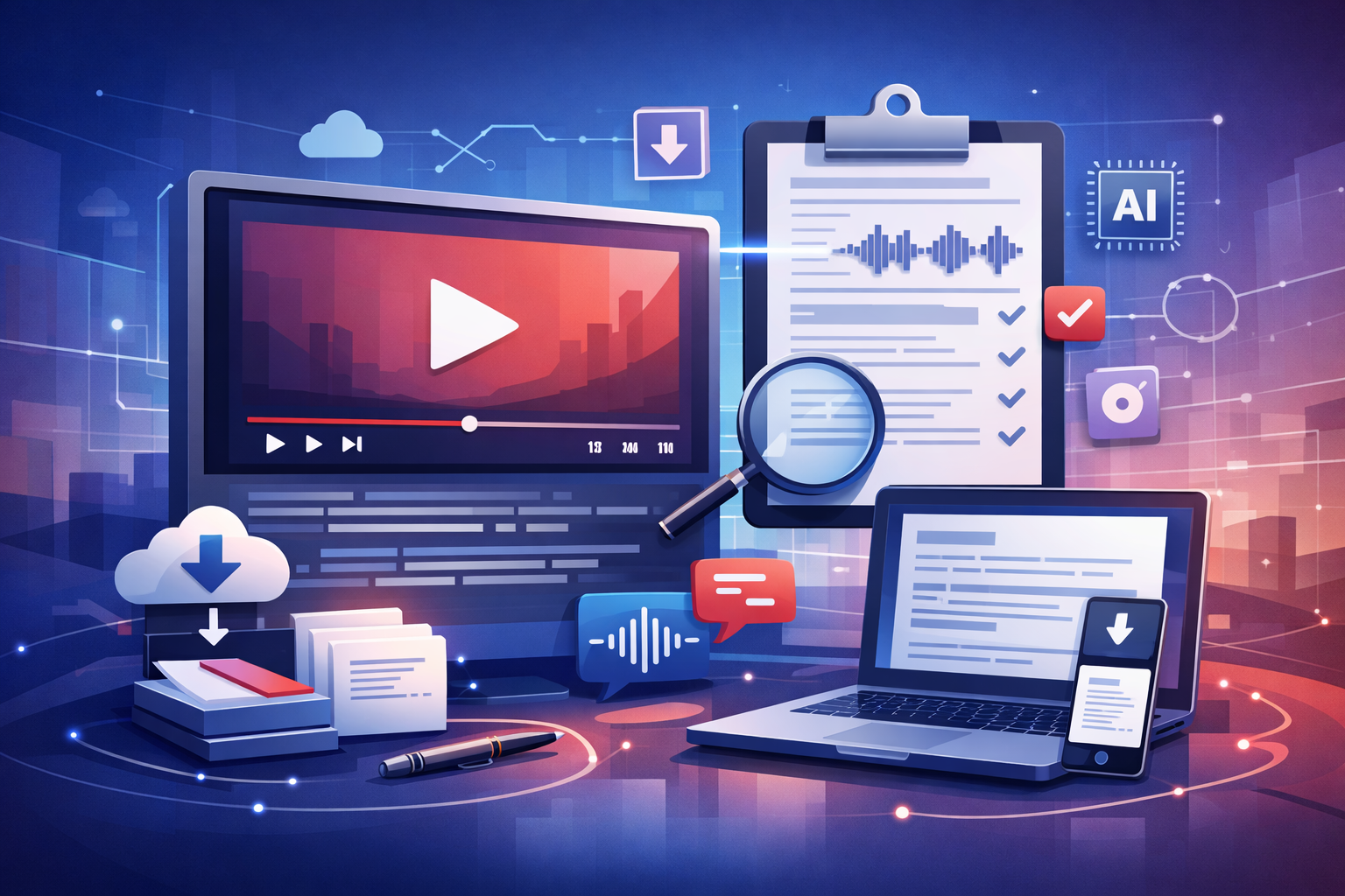 Illustration showing a YouTube video player with text transcript appearing beside it