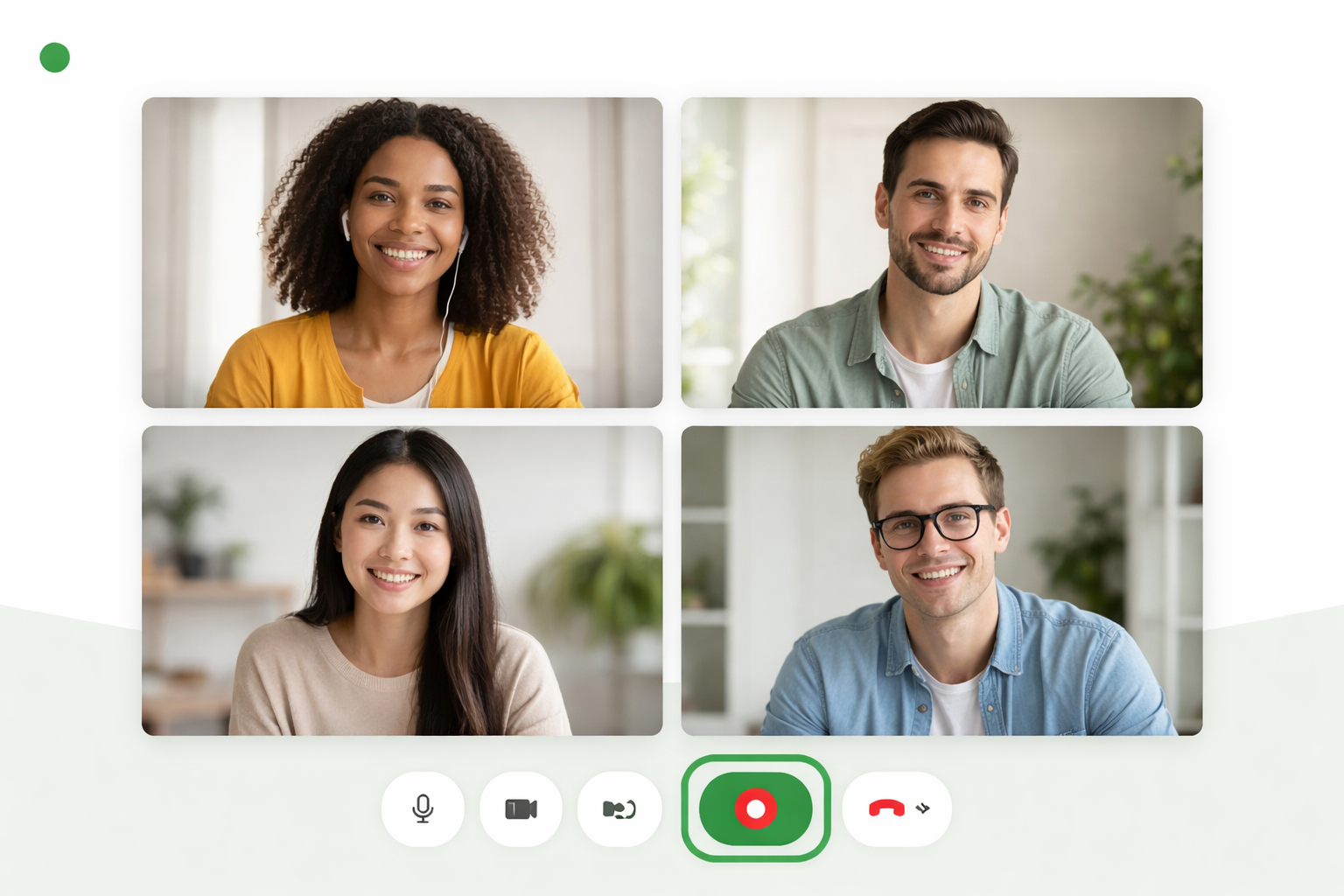 Google Meet video call interface with a recording indicator and transcript panel