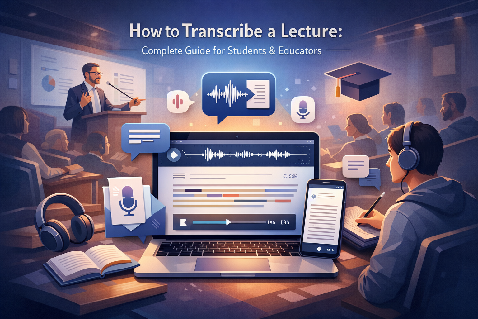 Student using laptop with transcription software during a lecture