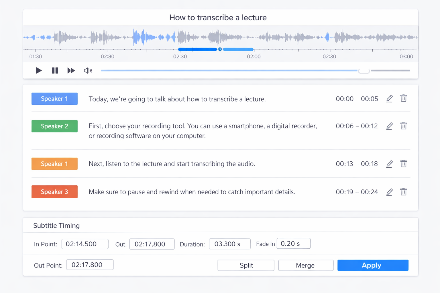 Organized transcript with color-coded sections and timestamps