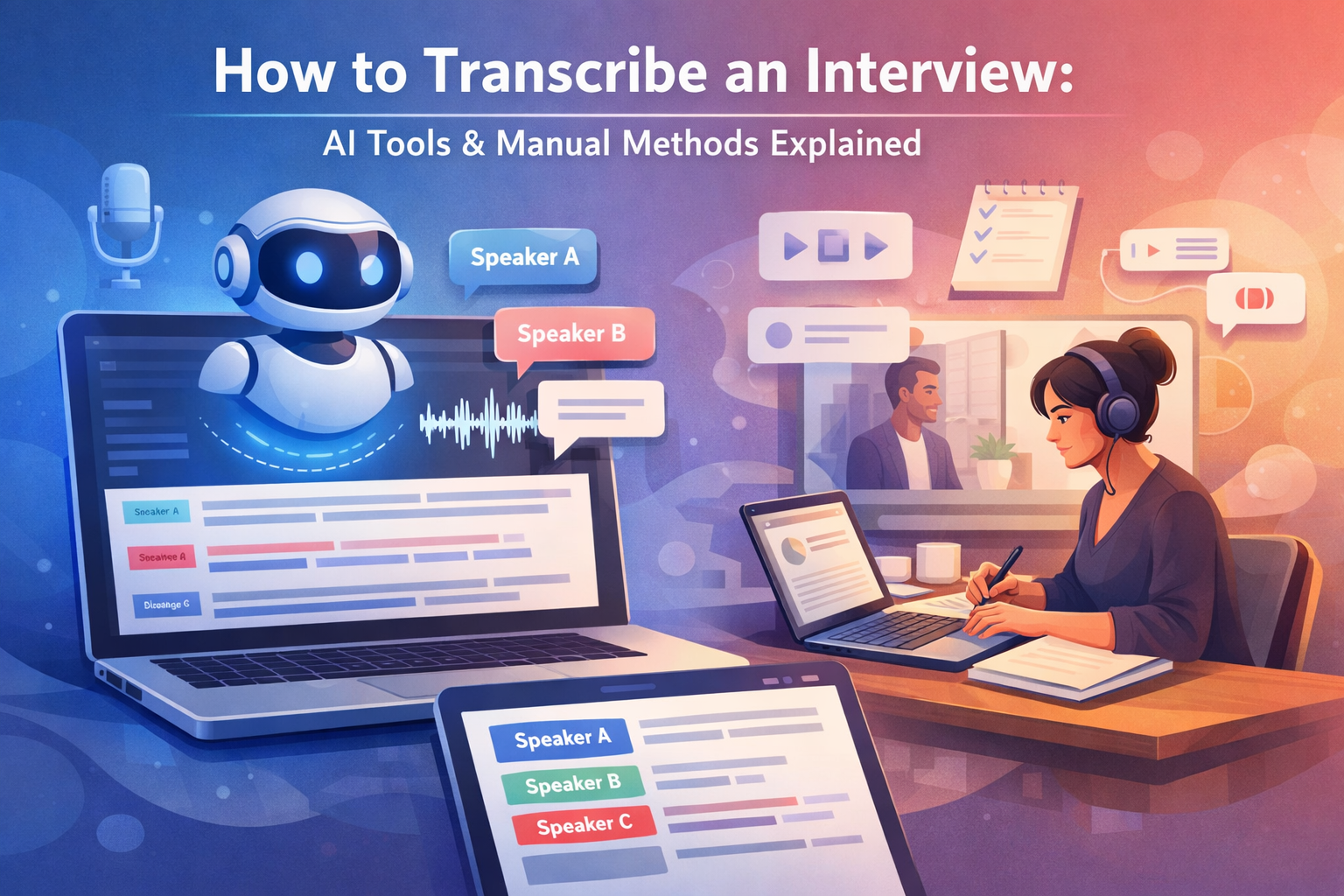 Person using laptop with audio waveform and transcription text on screen