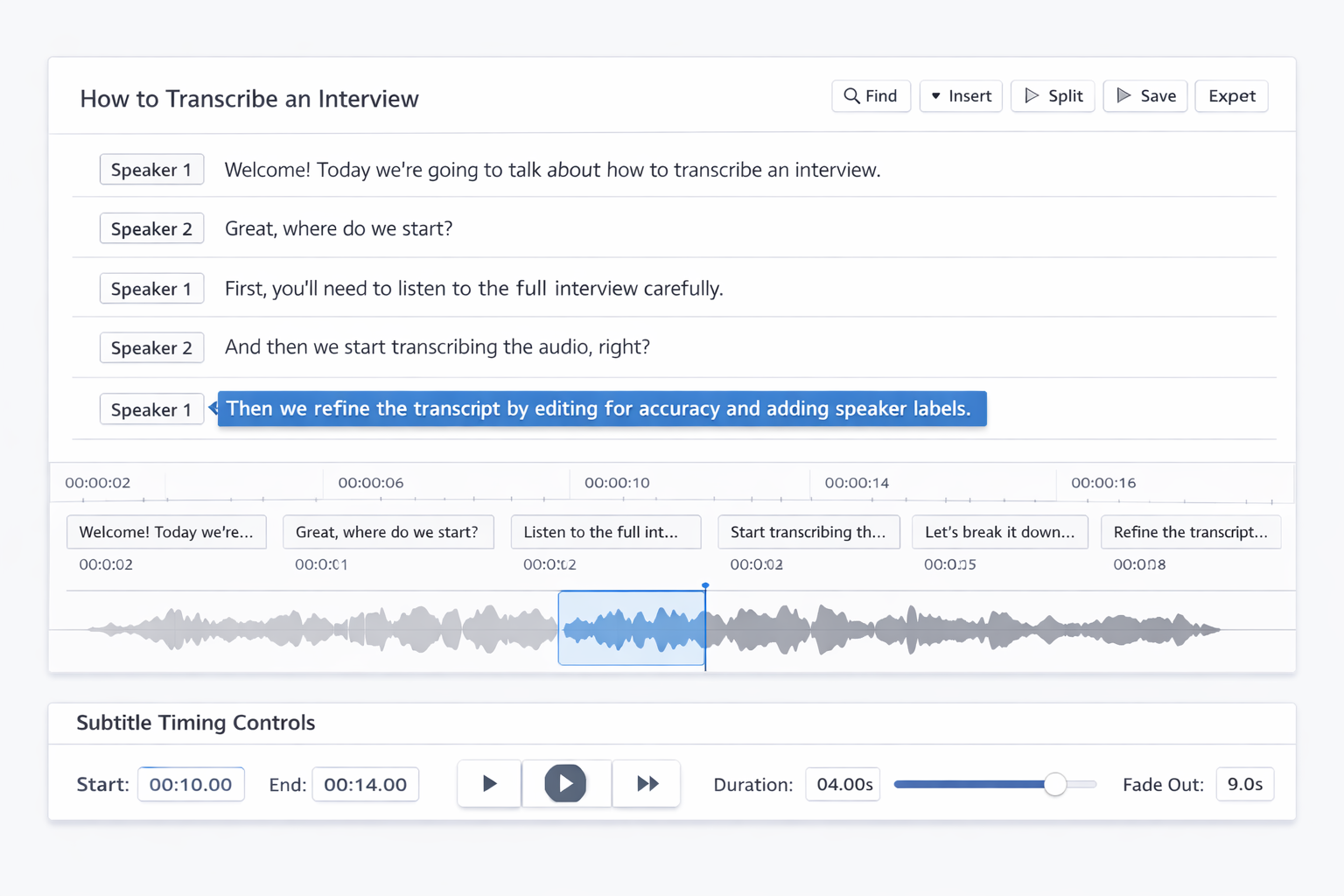 Screenshot showing AI transcription tool with speaker labels and editing options
