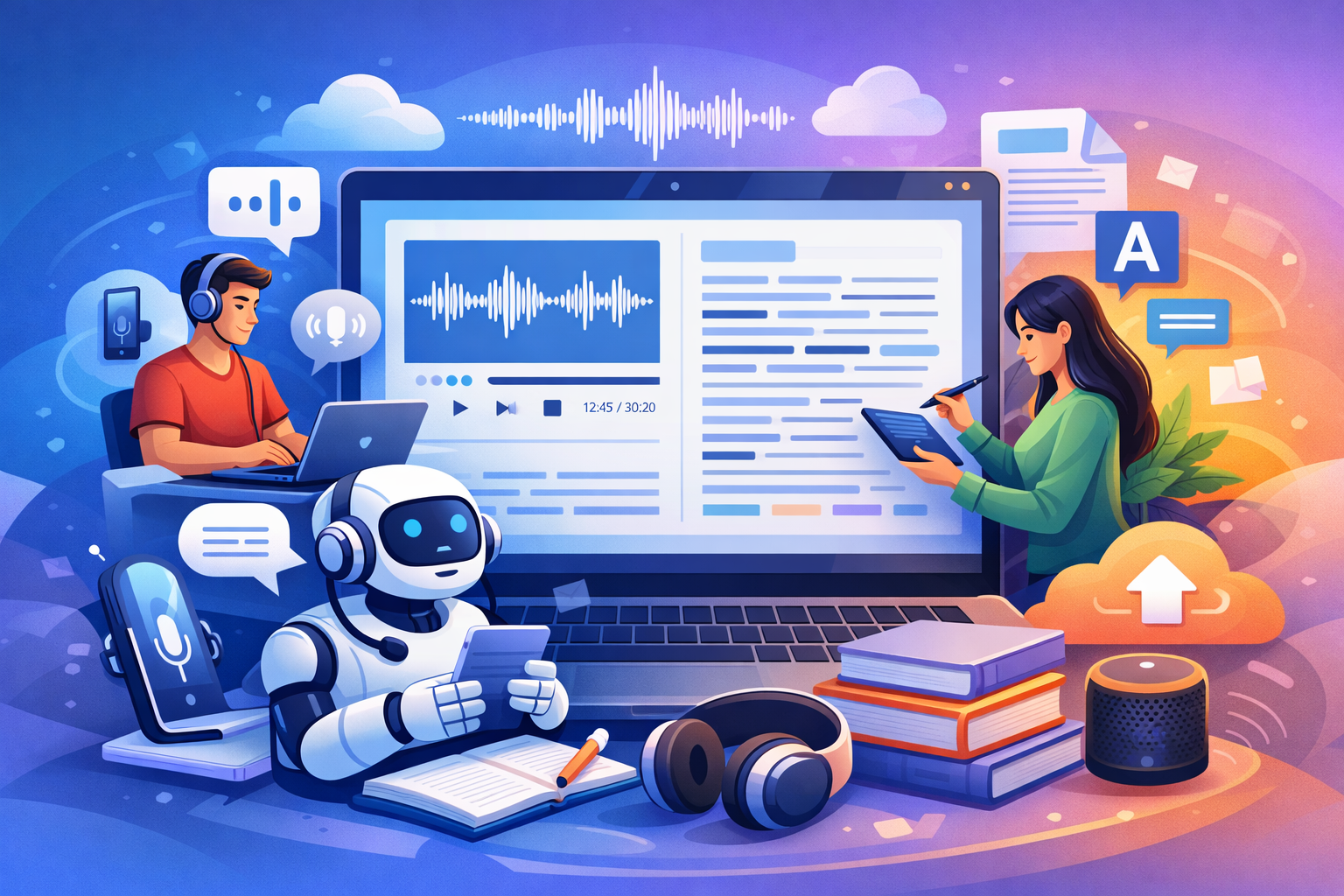 Person using AudioScribe to transcribe audio recording to text on laptop