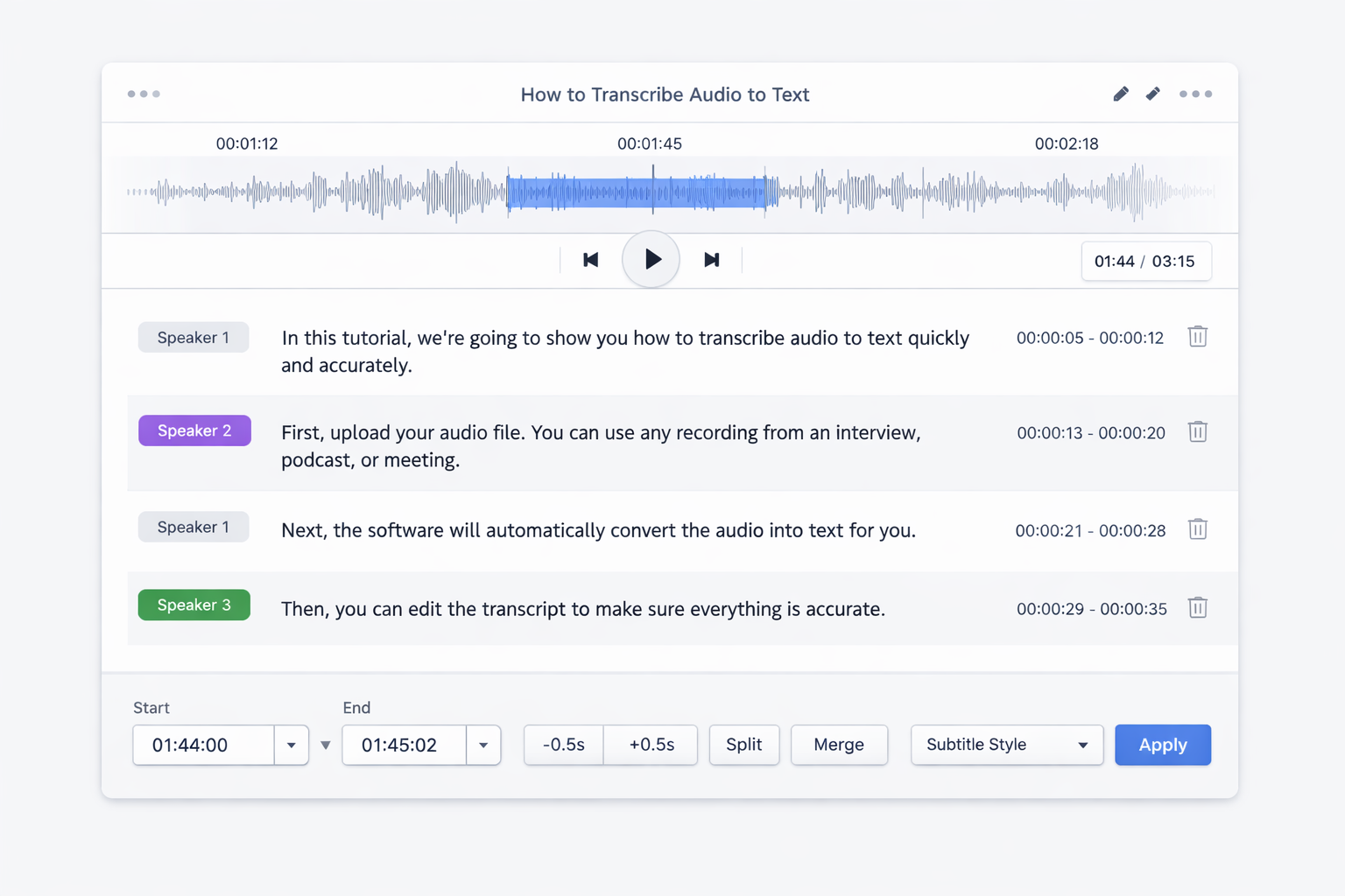 Screenshot of AudioScribe transcription interface showing audio waveform and text editor