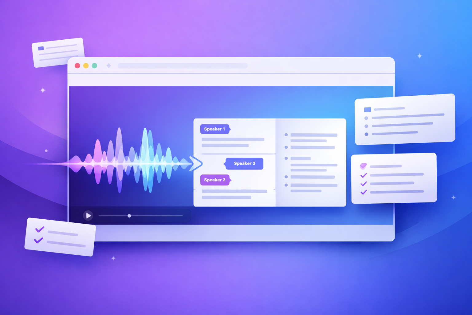 WhisperClaw interface showing AI audio transcription with speaker labels and summary
