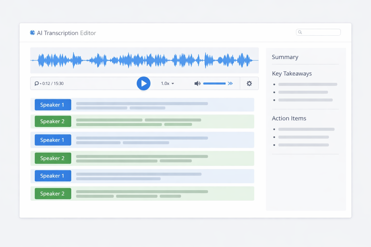 Transcript editor with speaker labels and timestamps