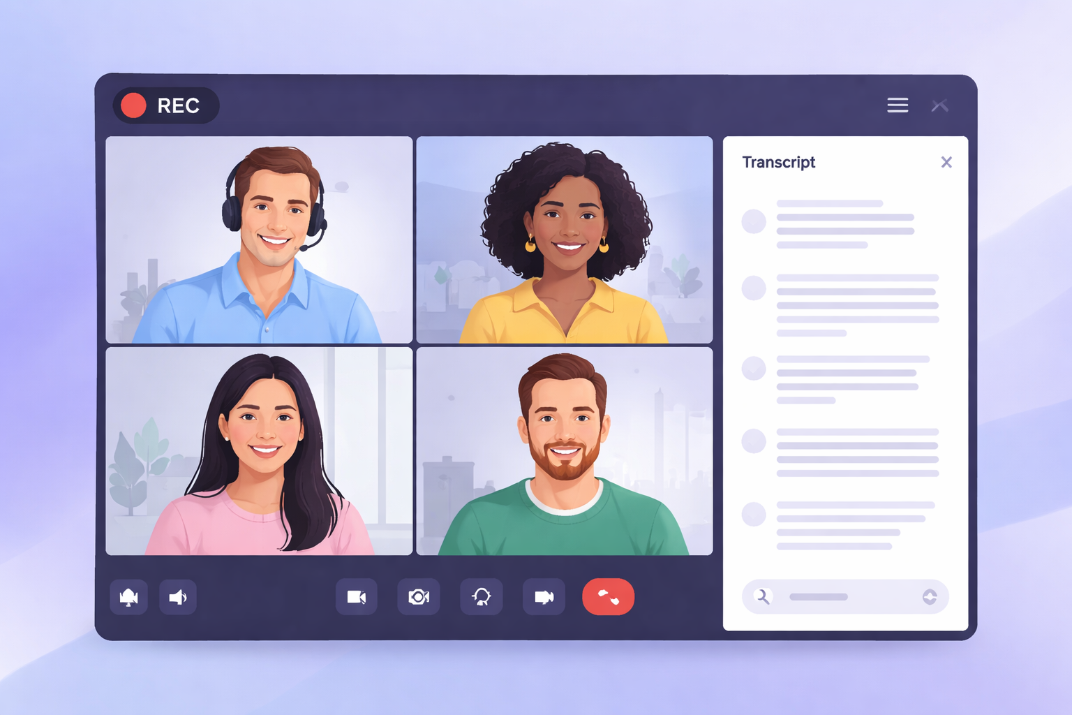 Microsoft Teams interface showing a recording button and transcript panel
