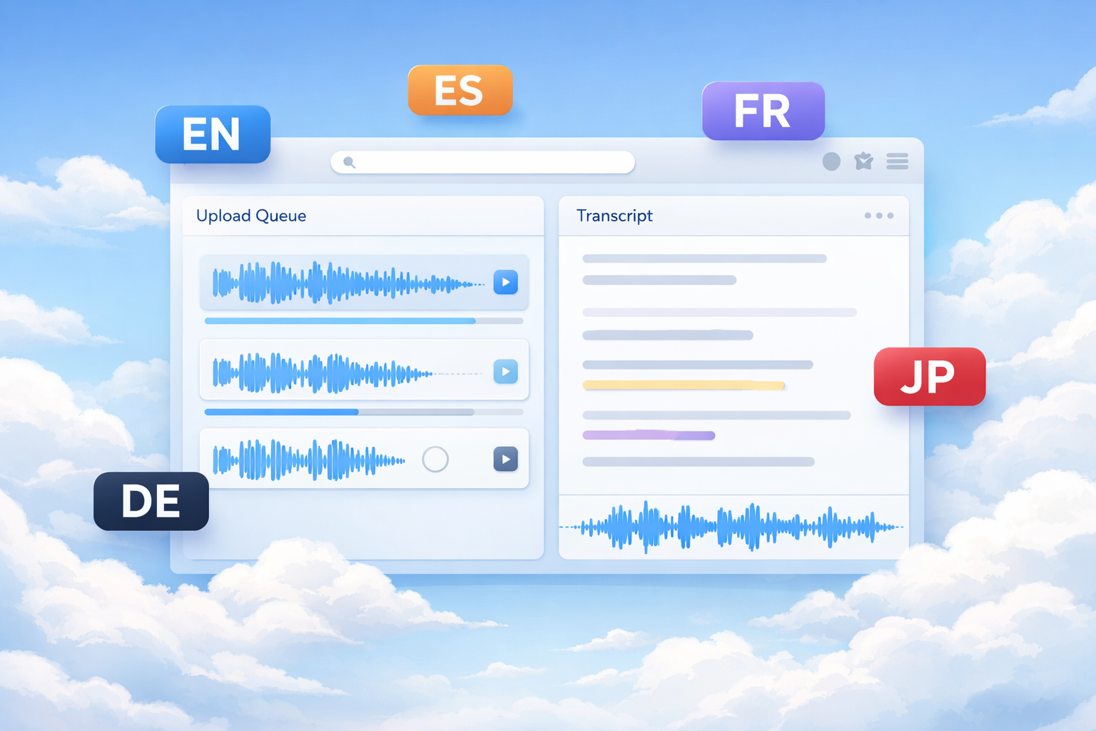 Person using laptop with audio waveform and text document on screen, representing online transcription process