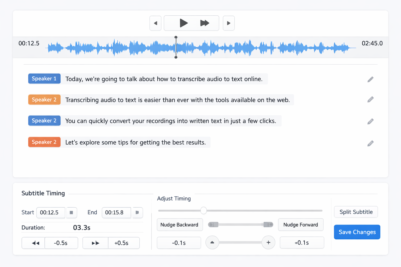 Screenshot of transcription editing interface with text synchronized to audio timeline