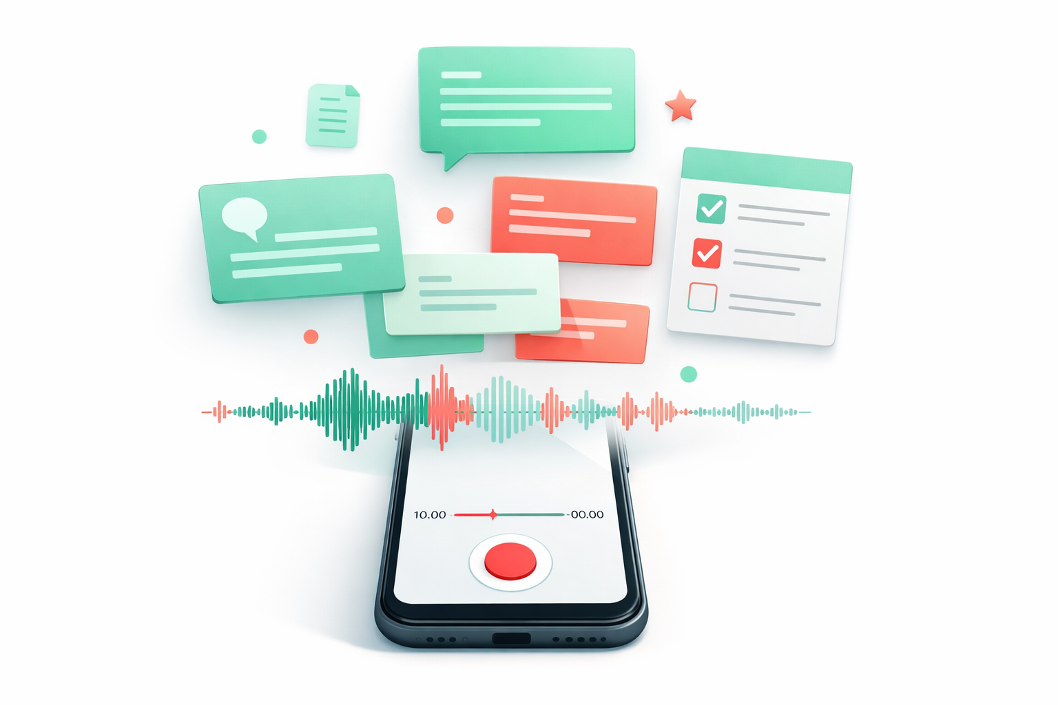 Person using smartphone to record voice memo with transcription interface visible