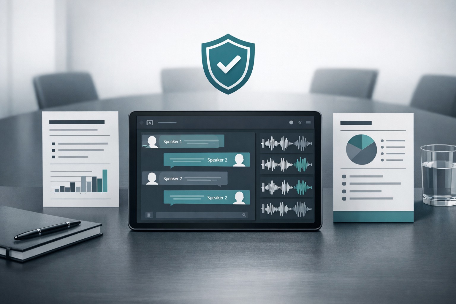 Person using transcription software to convert audio recording to text document on laptop