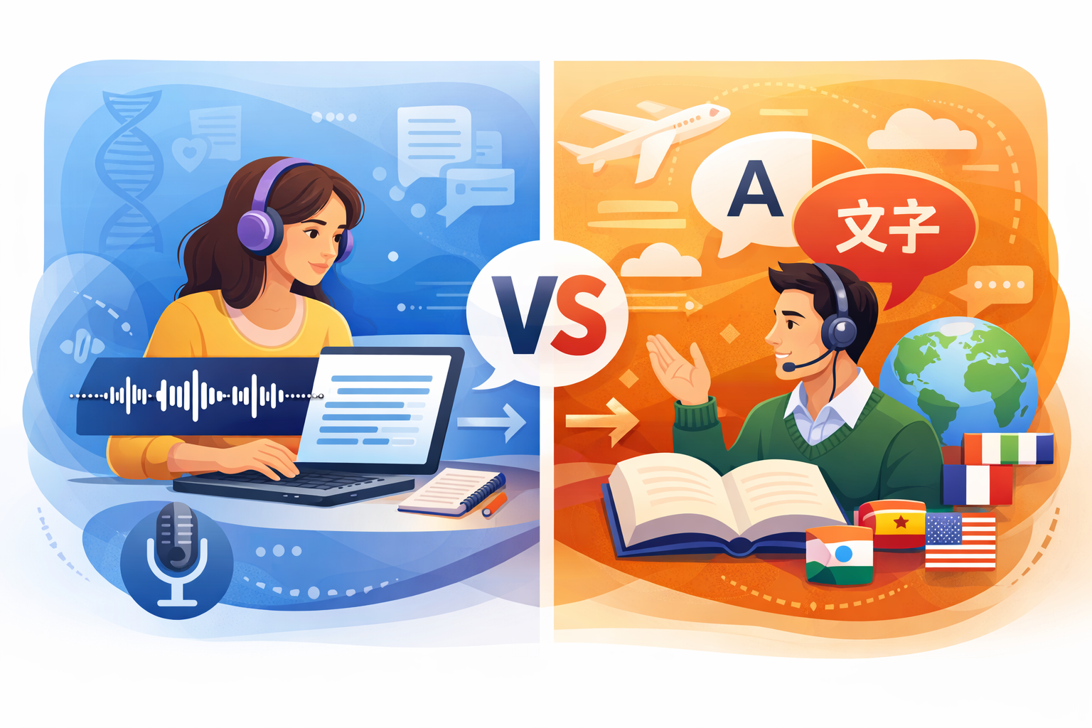 Visual comparison showing transcription converting speech to text and translation converting text between languages