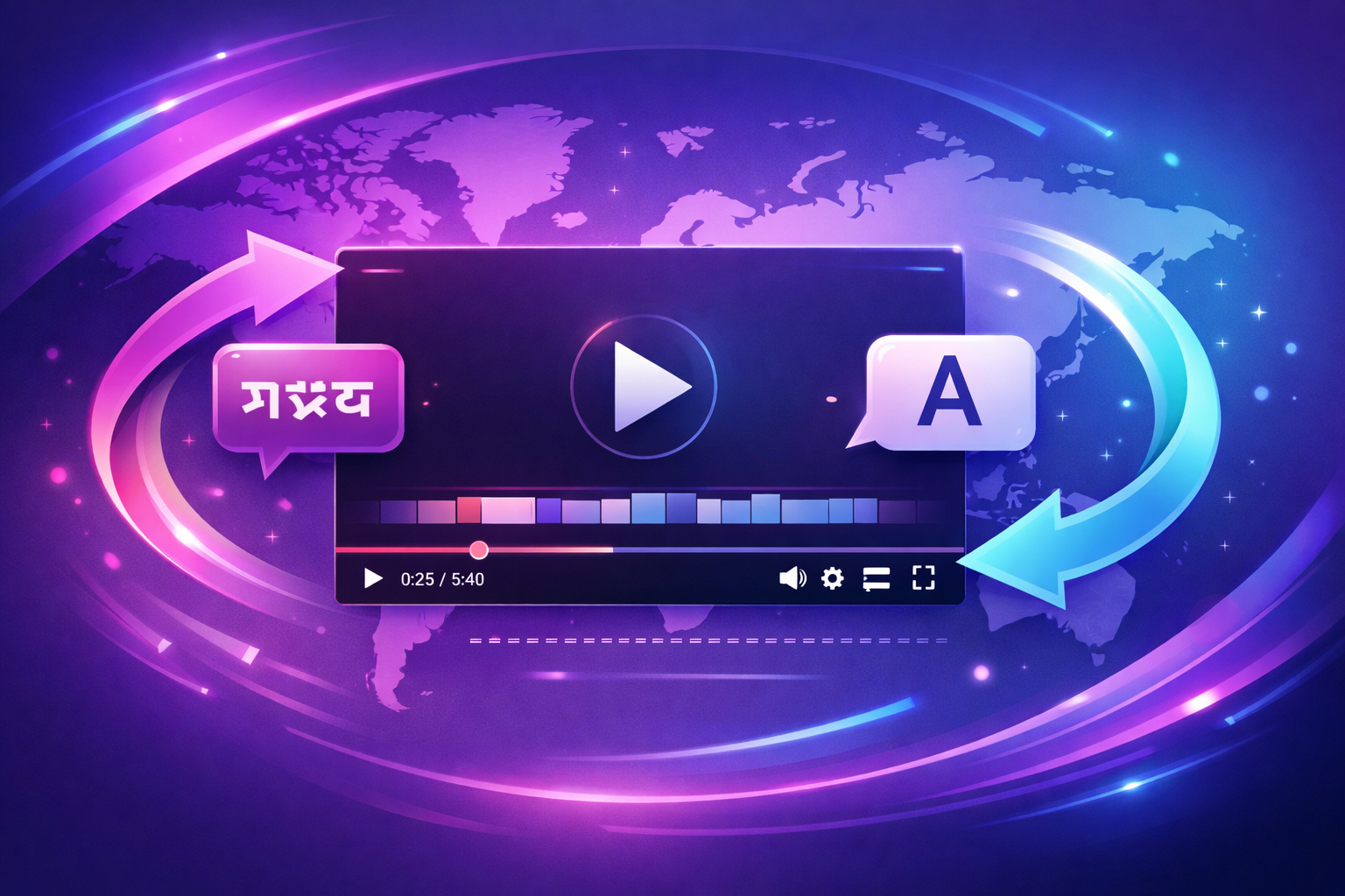Illustration showing video translation to English subtitles with global audience icons