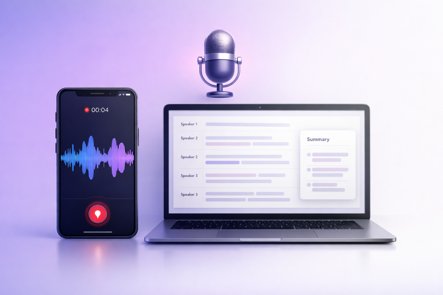 Browser showing voice recording waveform and AI transcription results