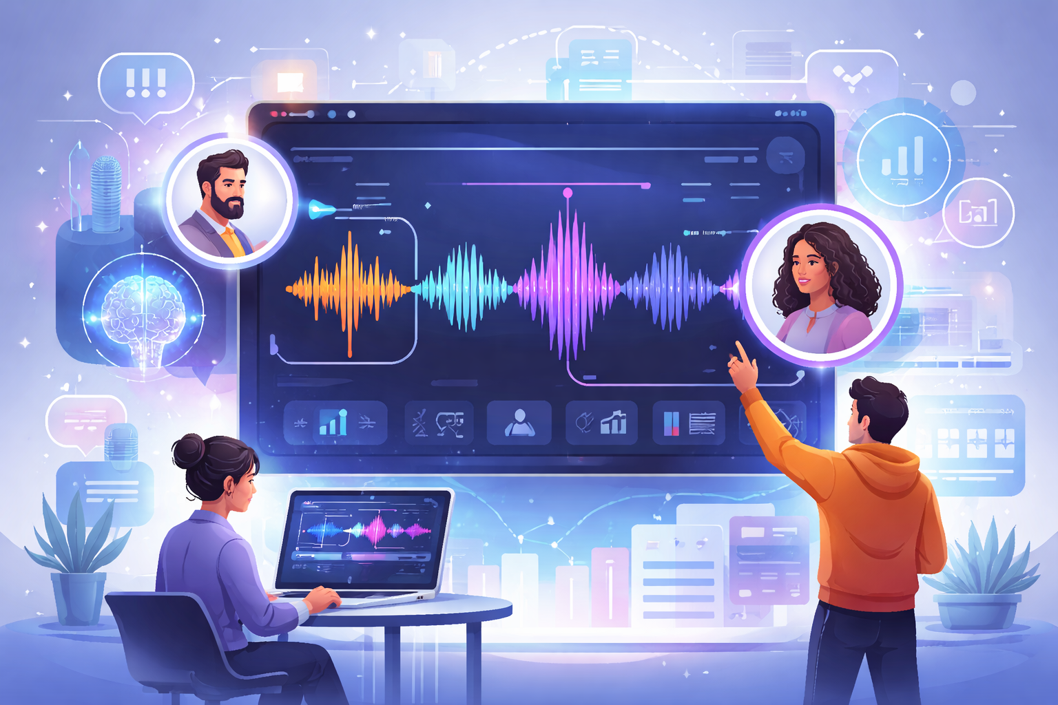 Visual representation of speaker diarization showing different colored speech bubbles for multiple speakers in a conversation