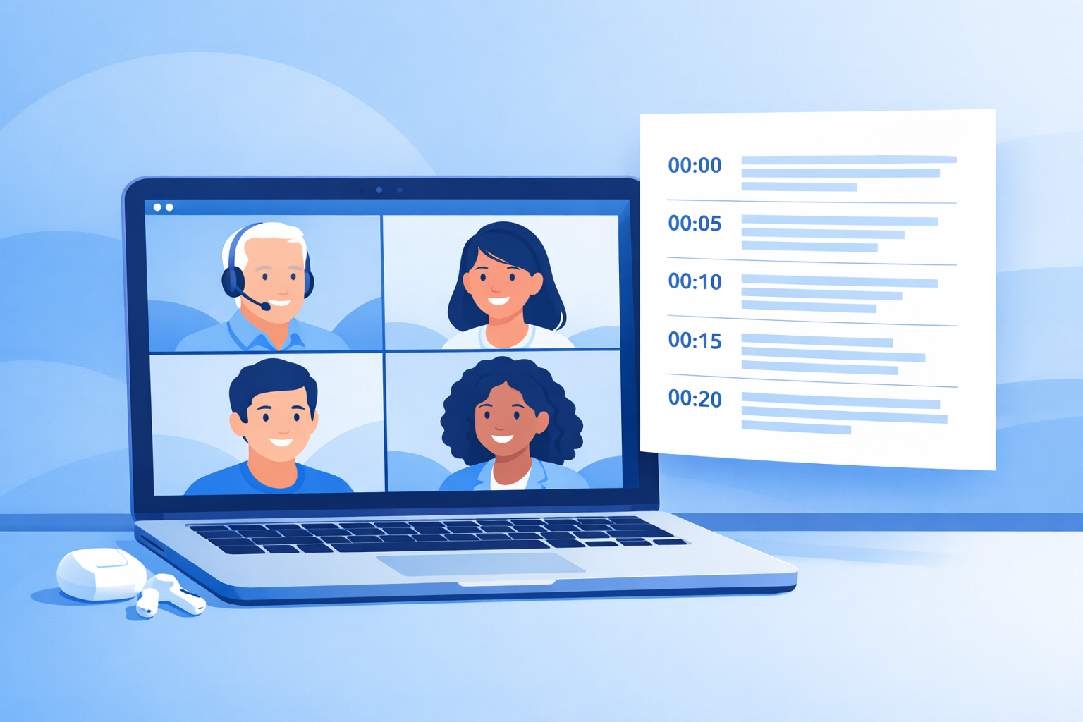 Zoom meeting recording being converted to a text transcript on a laptop screen